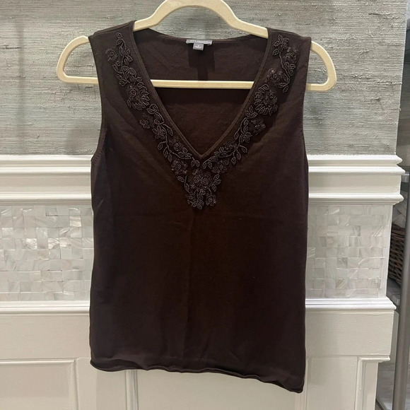Ann Taylor Tops - Ann Taylor brown beaded v-neck sweater silk-blend sleeveless top medium